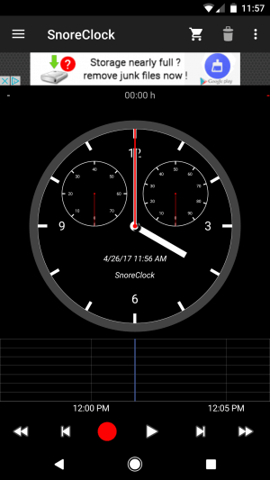 SnoreClock app interface with clock and graph