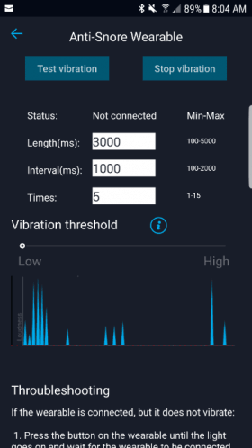 Anti-Snore Wearable app settings screen