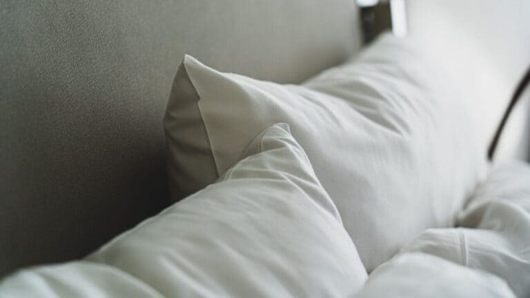 Two white bed pillows propped against a grey headboard