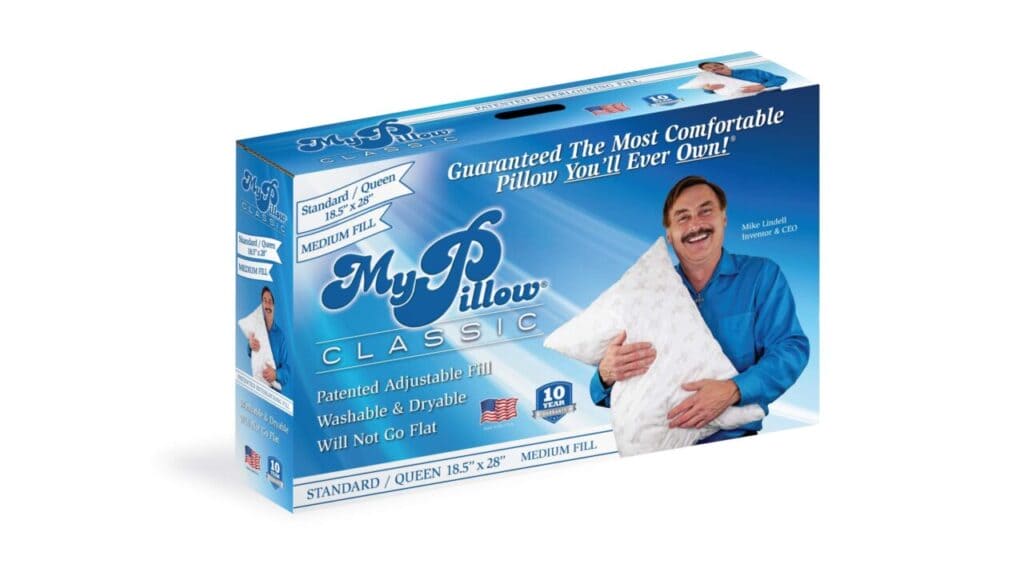 Retail box of the MyPillow Classic queen pillow, medium fill