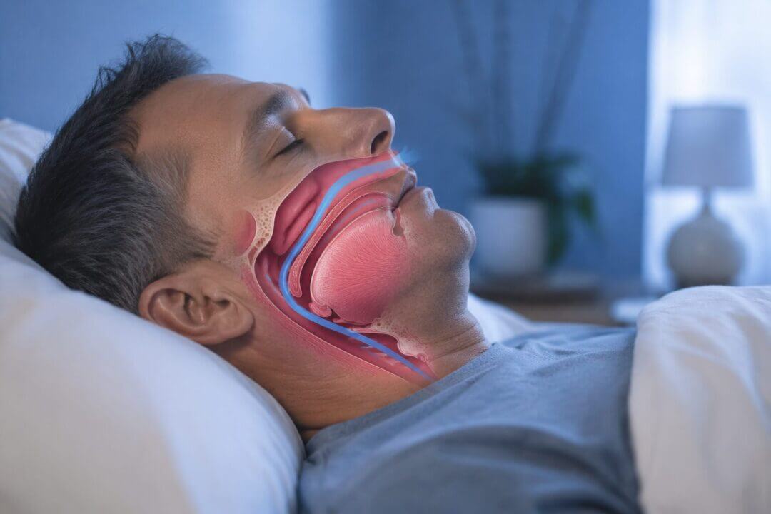 medical illustration showing a peaceful sleeping person with a subtle cross-section view of the soft palate area