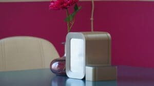 Compact air cleaner on a table beside a vase with a pink flower