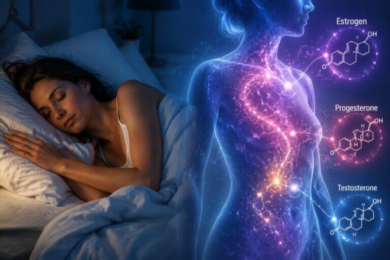 Split-screen professional illustration: peaceful sleeping person on left, glowing hormone molecules (estrogen, progesterone,