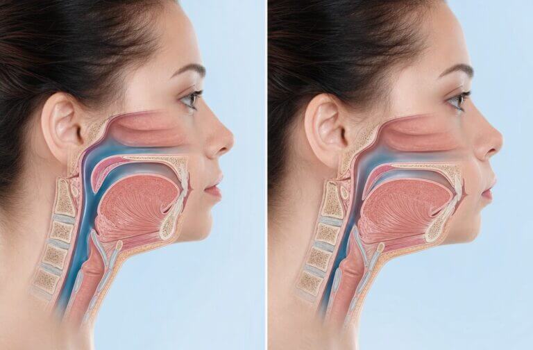 Split-screen professional medical illustration showing normal jaw alignment vs overbite profile, with airway passage