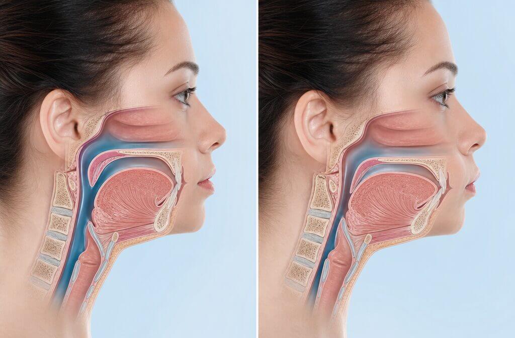 Split-screen professional medical illustration showing normal jaw alignment vs overbite profile, with airway passage