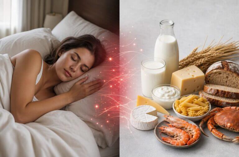 Split-screen image showing a peaceful sleeping person on one side and common food allergens (dairy, gluten, shellfish) on the other