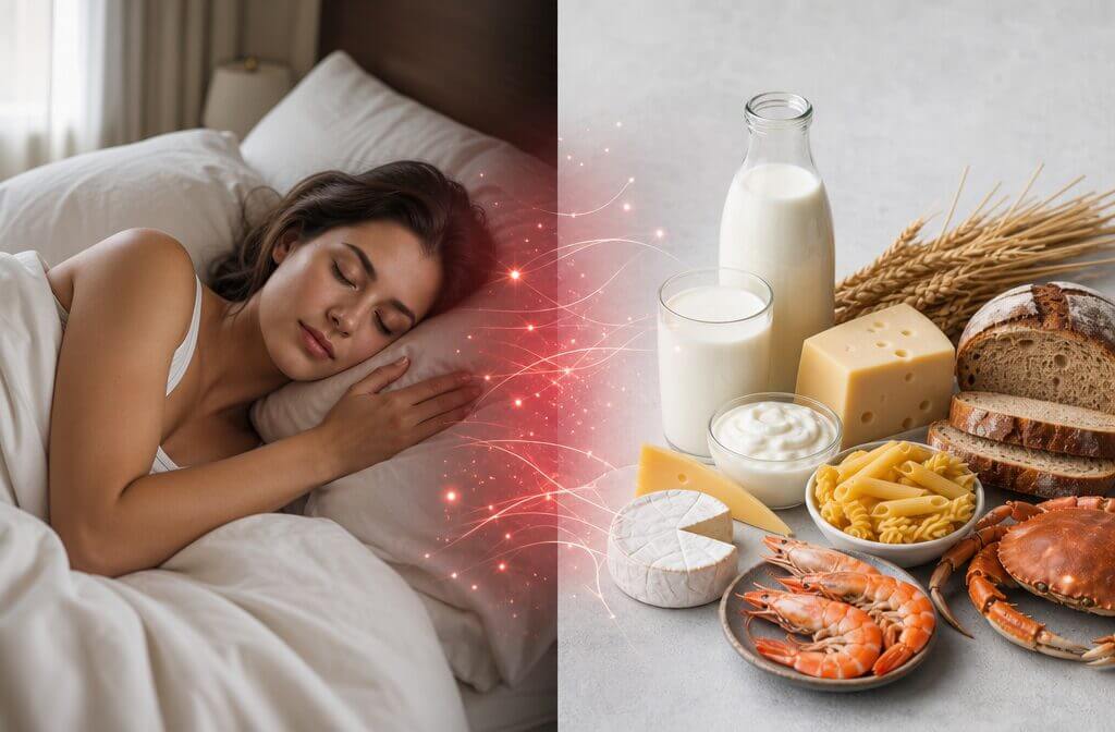 Split-screen image showing a peaceful sleeping person on one side and common food allergens (dairy, gluten, shellfish) on the other