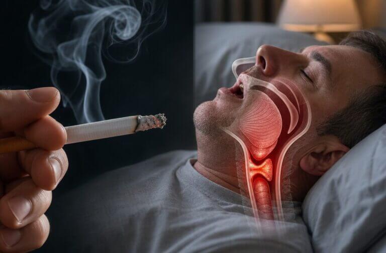 Split-screen image showing a cigarette on one side with smoke wisps and a person snoring in bed on the other