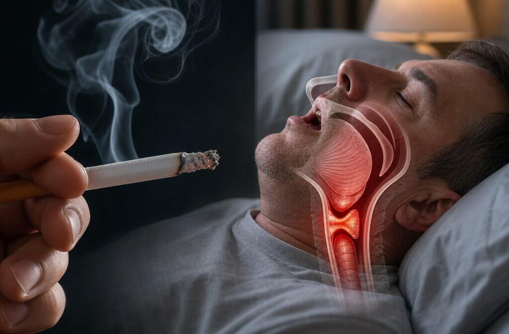 Split-screen image showing a cigarette on one side with smoke wisps and a person snoring in bed on the other