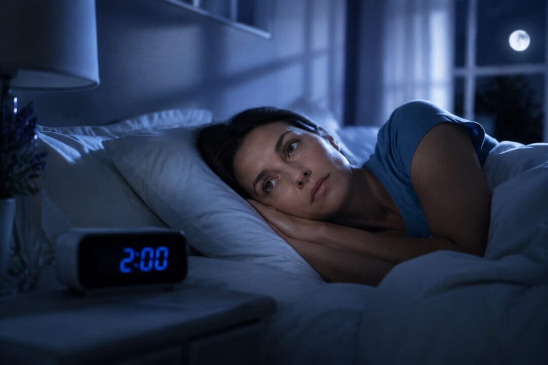 Peaceful bedroom scene at night with a woman lying awake in bed, soft moonlight filtering through window, clock showing 2am,