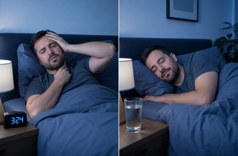 Split-screen hero image: left side shows a tired person in bed with dry mouth and headache, right side shows the same person