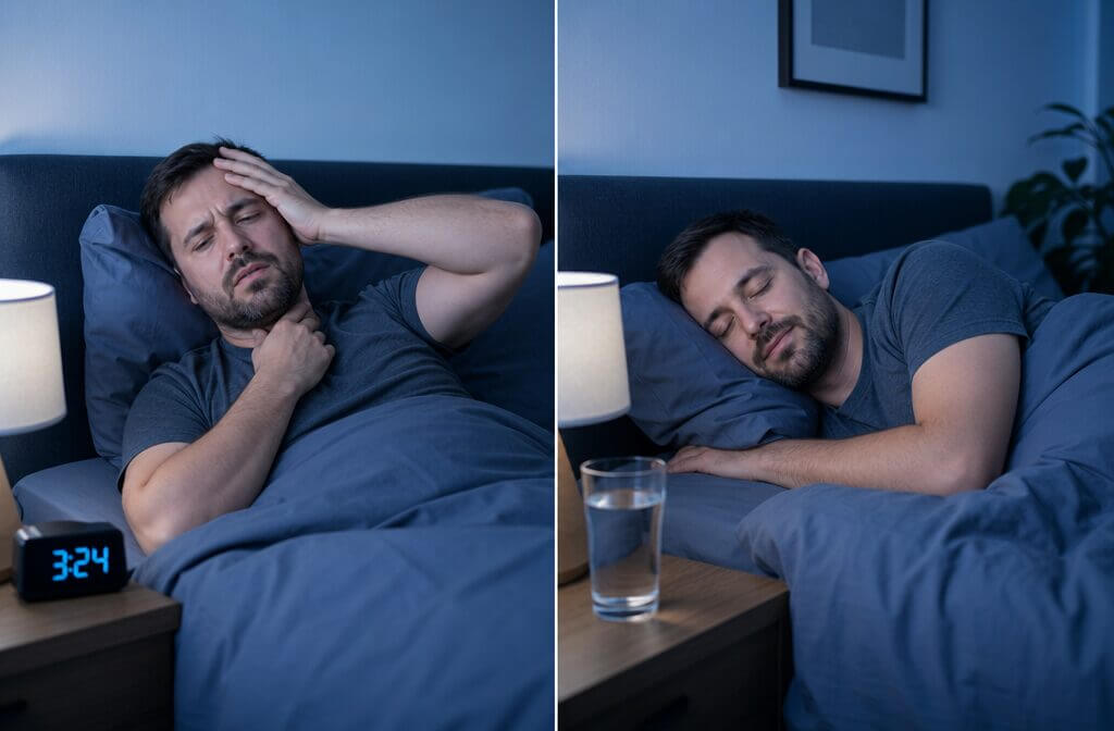 Split-screen hero image: left side shows a tired person in bed with dry mouth and headache, right side shows the same person