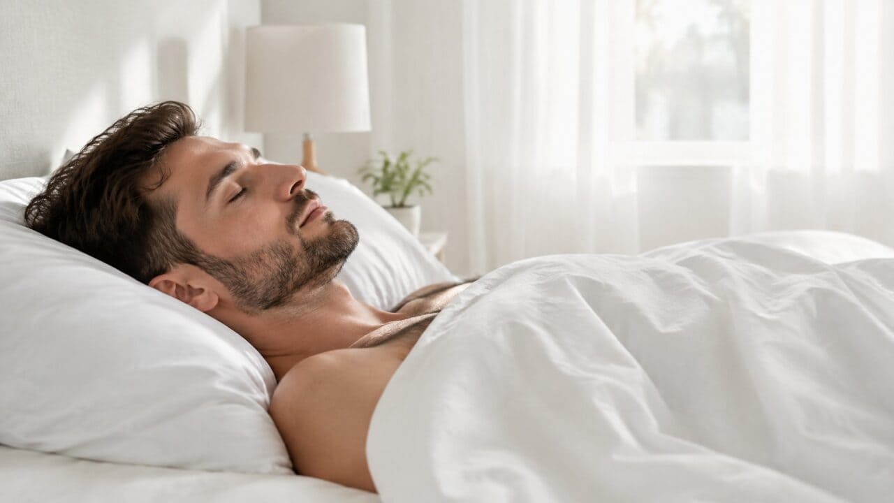 Man sleeping peacefully on his back in a bright bedroom with white bedding