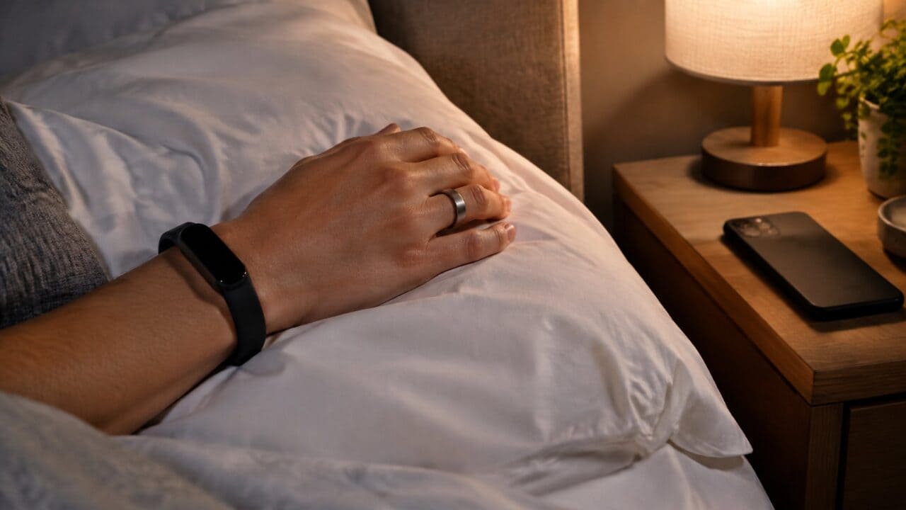 Hand wearing a smart ring and fitness band resting on a pillow beside a lamp and phone