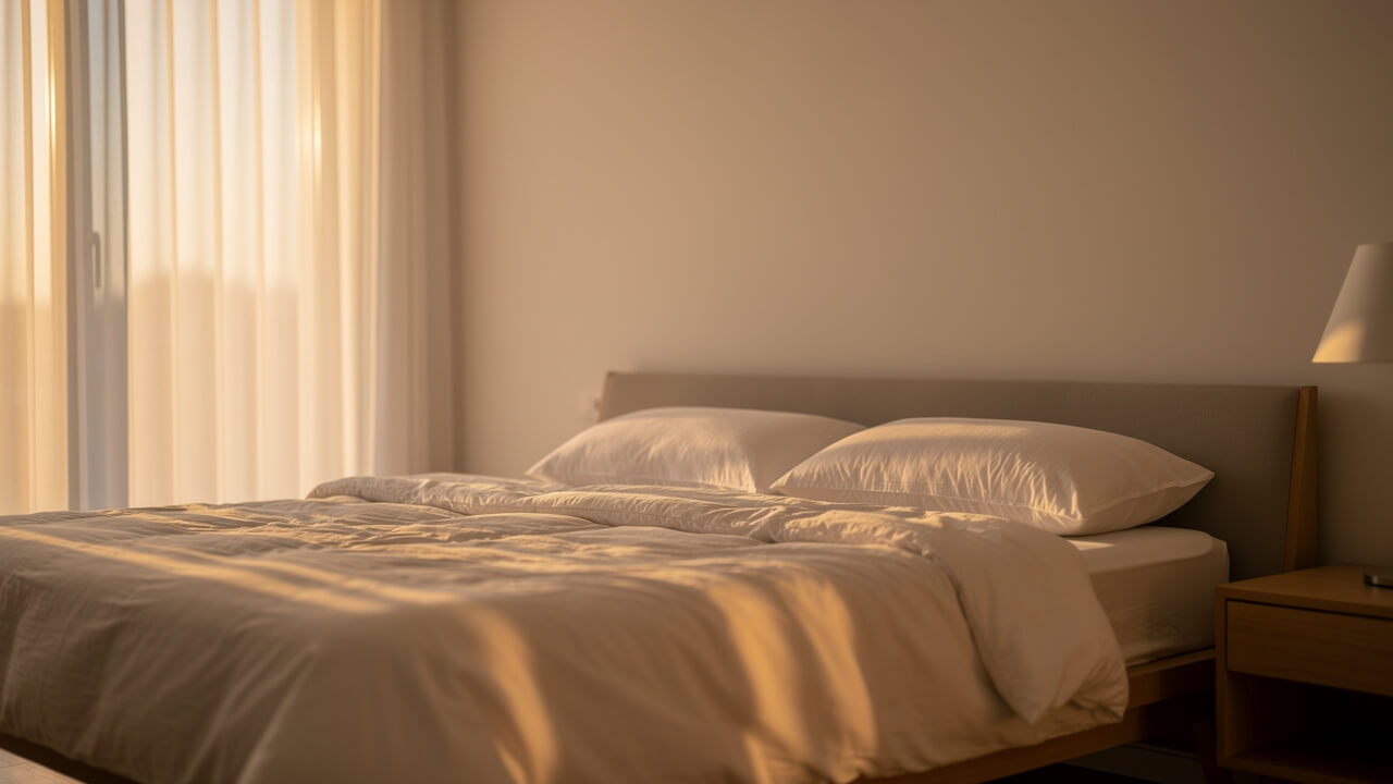 Cozy bed with sunlight
