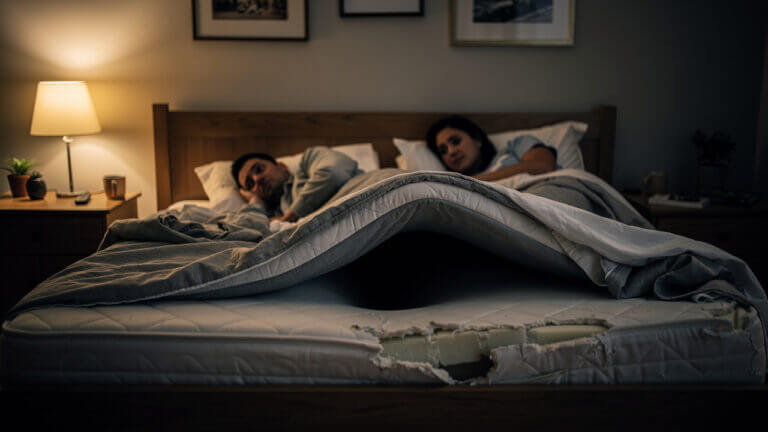 Couple in bed with broken mattress