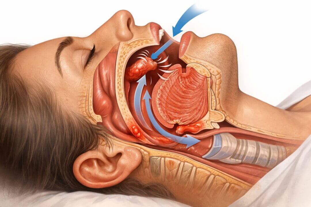 Detailed () medical illustration showing cross-section anatomy of human throat and airway during sleep, labeled pharynx soft