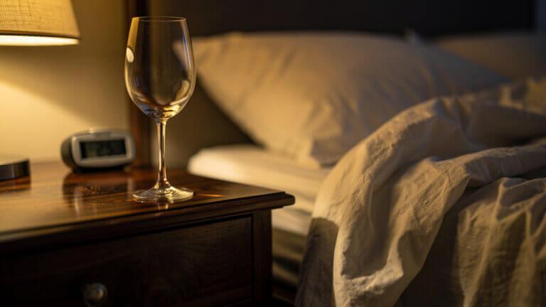 Wine glass on nightstand near bed