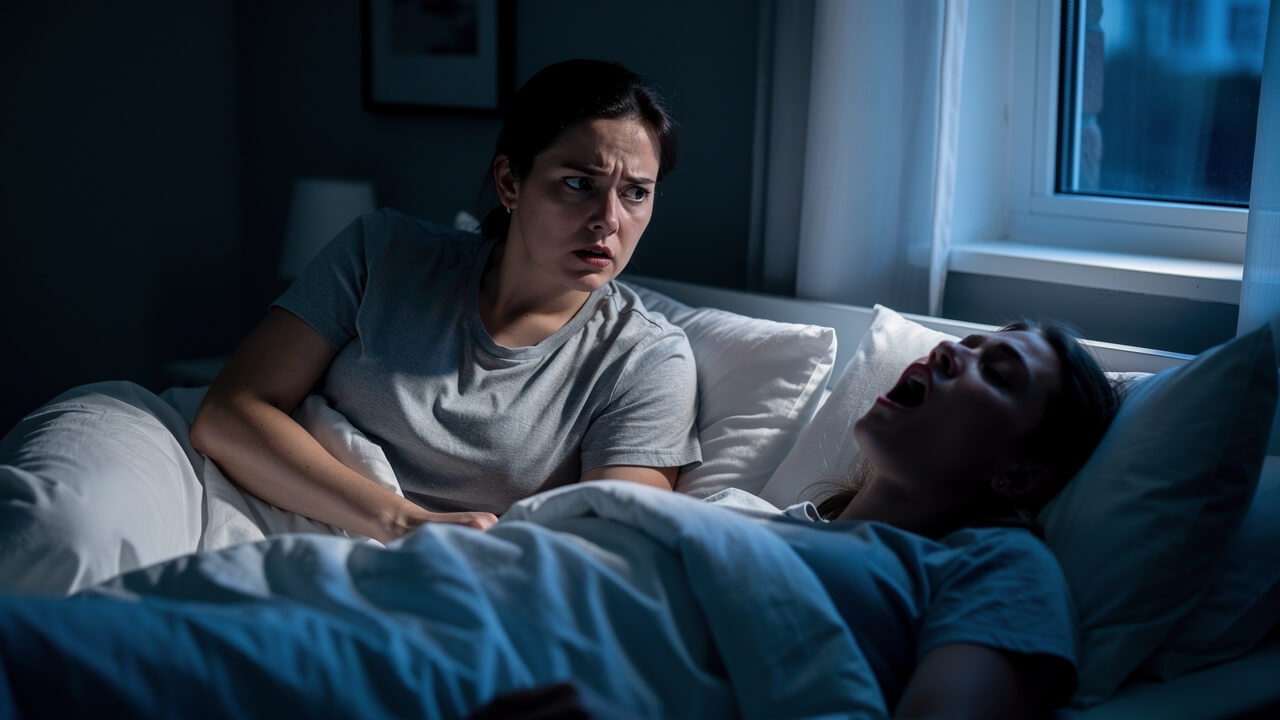 Couple in bed one partner awake worried about snoring