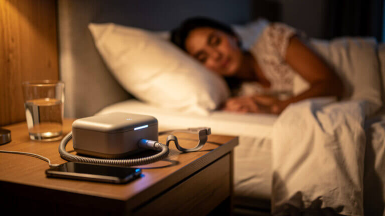 CPAP machine by bedside with sleeping person