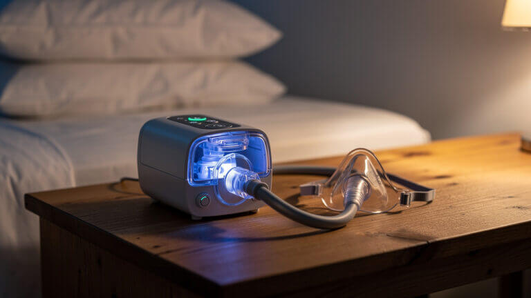 CPAP machine and mask on nightstand
