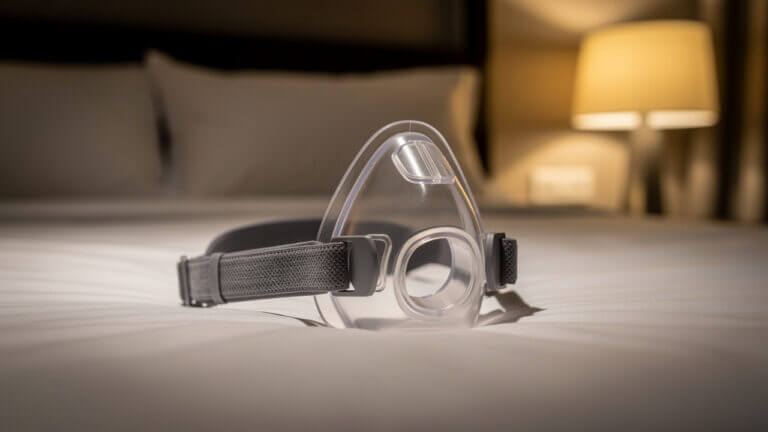 CPAP mask on a bed