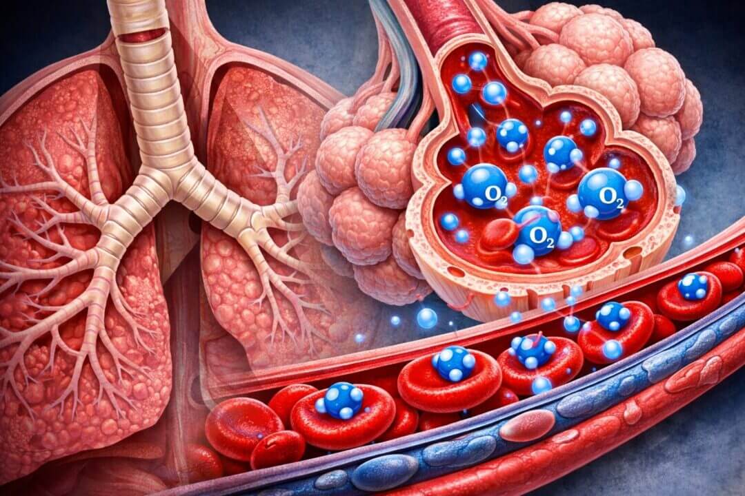 () detailed medical illustration showing a cross-section view of human lungs and respiratory system with vibrant red
