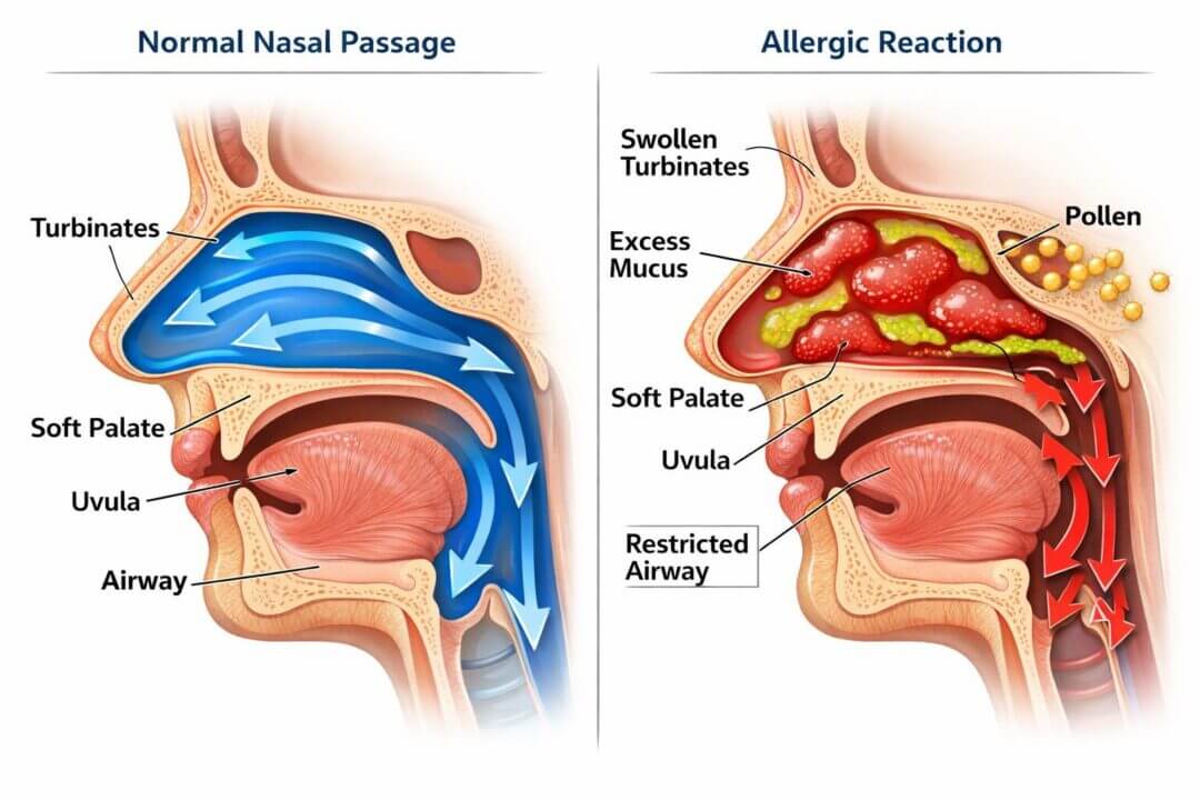() detailed medical illustration showing cross-section of human nasal passages and throat during allergic reaction. Left