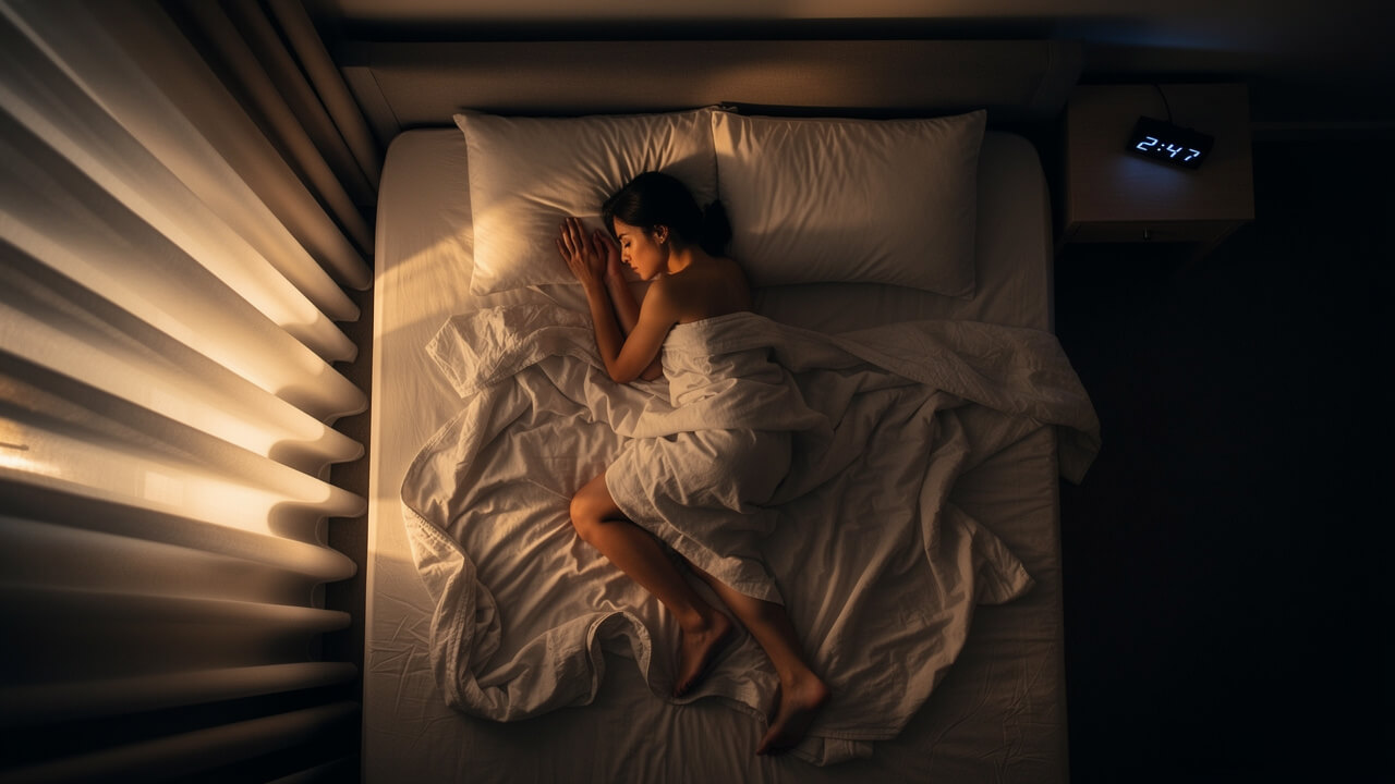 Person tossing restlessly in bed during disrupted sleep
