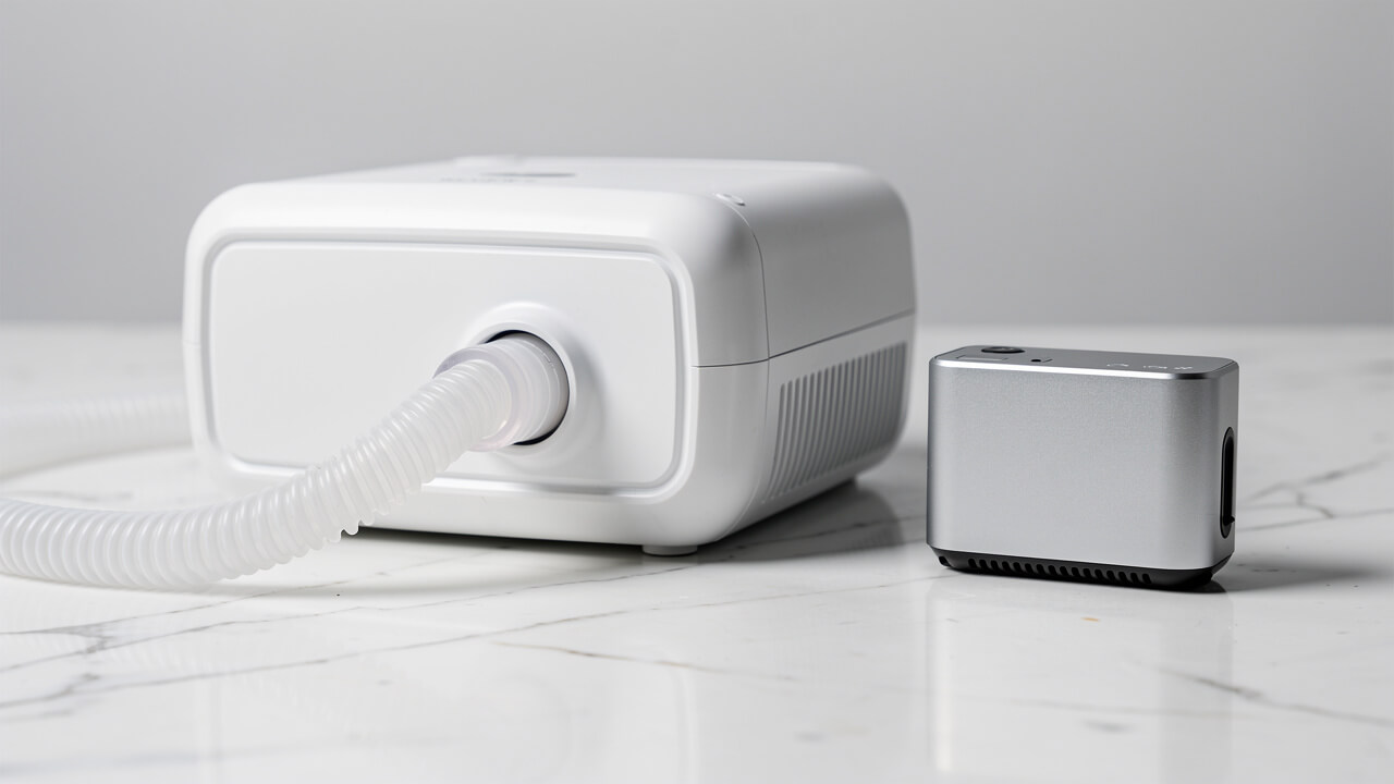 Standard home CPAP machine compared to small travel CPAP device