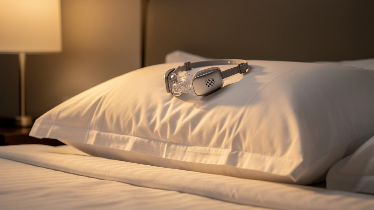 Hoseless CPAP system resting on white hotel bed pillow