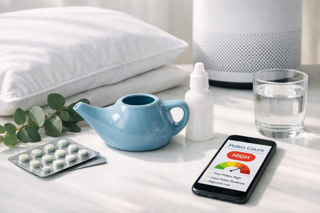 practical allergy management solutions arranged on clean white surface with natural morning