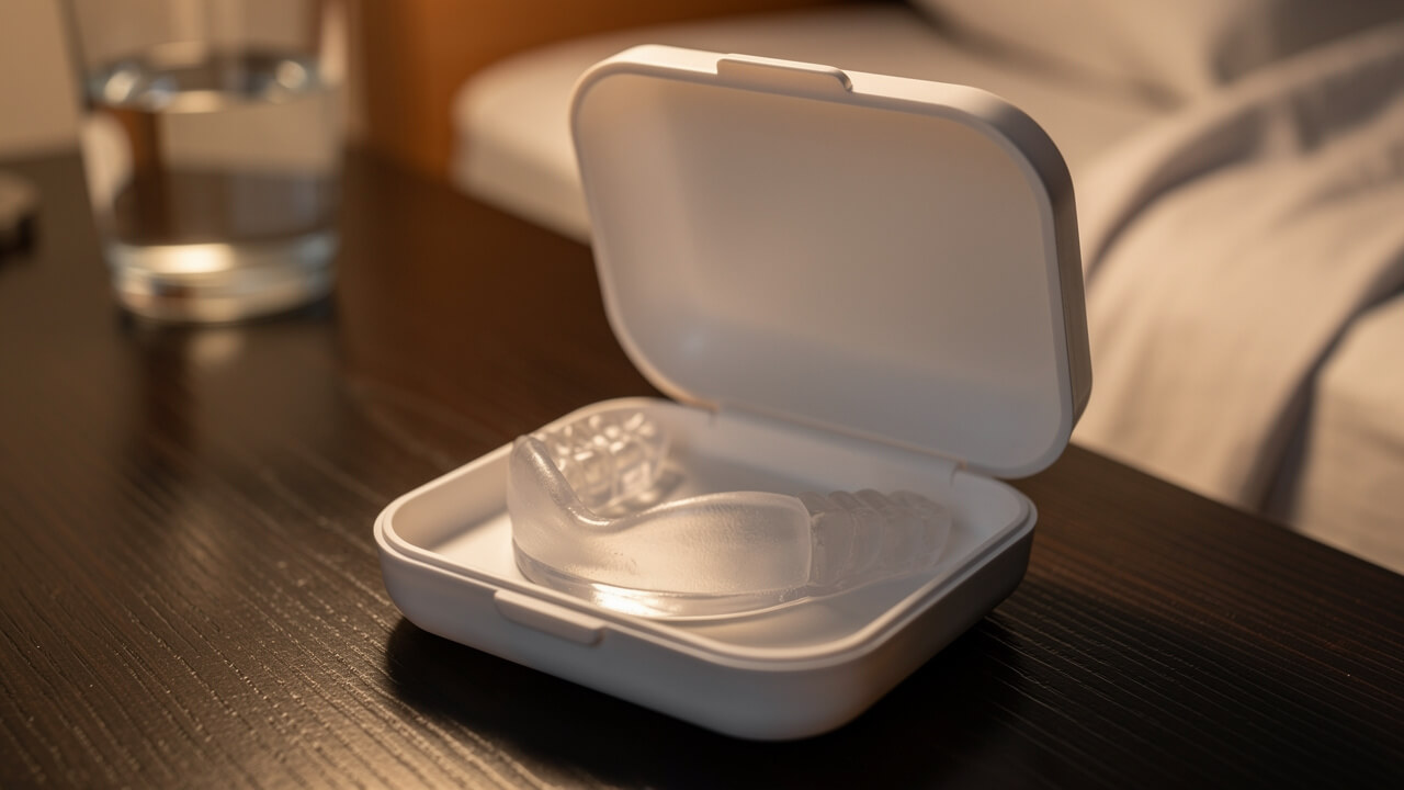 Mandibular advancement device in case on bedside table
