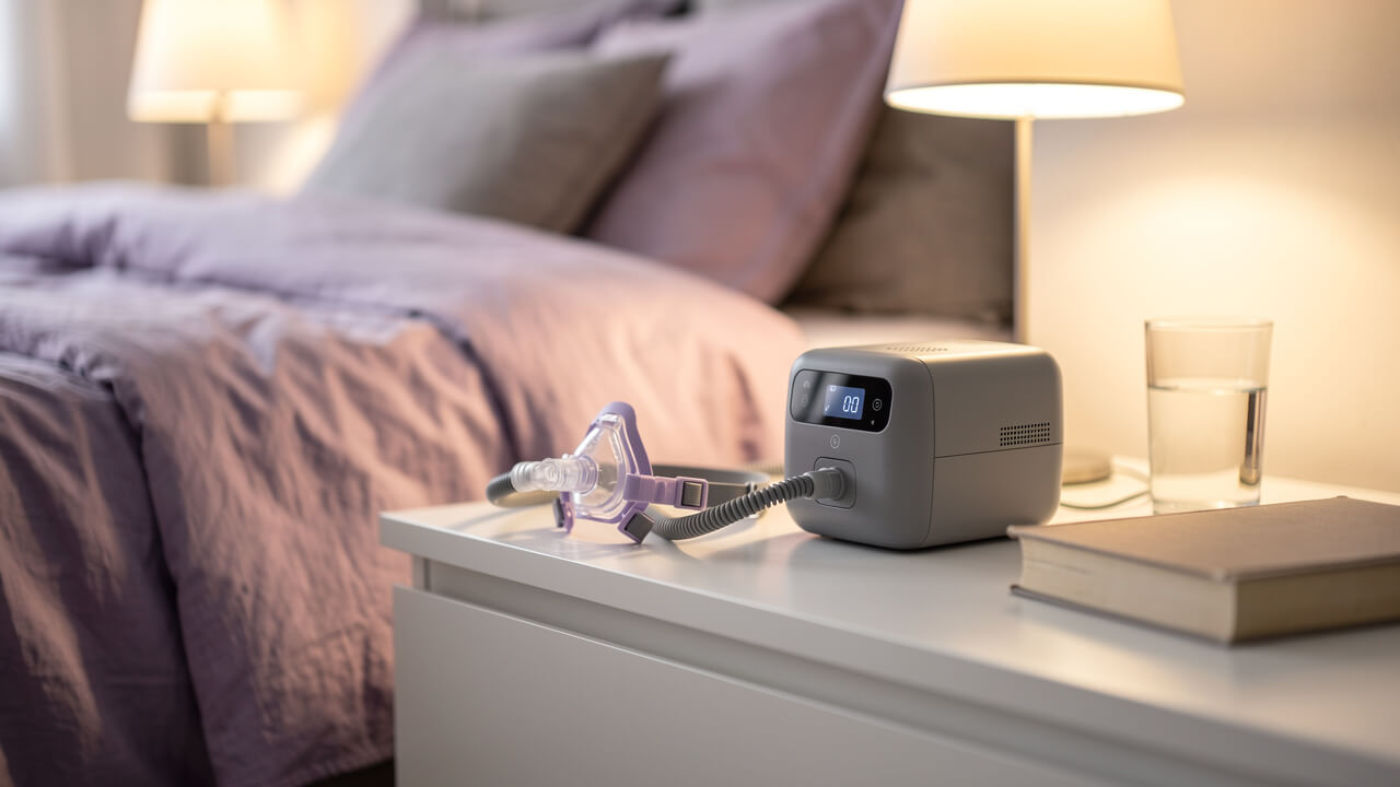 Sleek CPAP machine with nasal pillow mask on nightstand