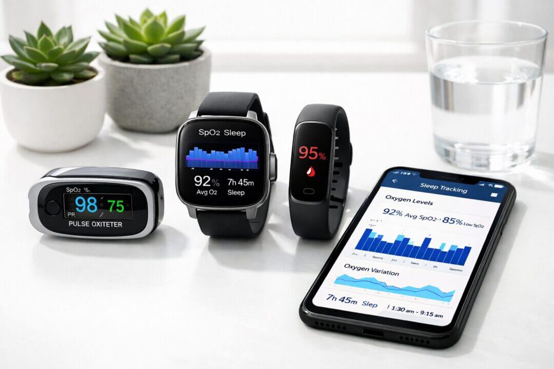 () modern lifestyle photograph showing a diverse collection of oxygen monitoring devices arranged on a clean white surface