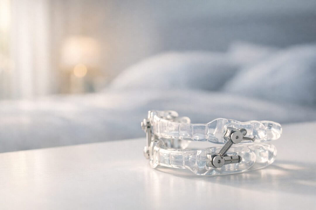 close-up of a modern transparent mandibular advancement device