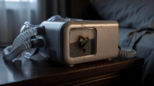 Damaged Philips CPAP machine on nightstand
