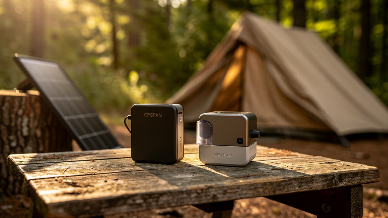 Portable CPAP battery pack at outdoor camping setup in forest