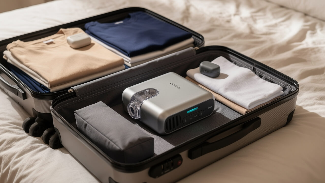Travel CPAP machine packed inside an open carry-on suitcase