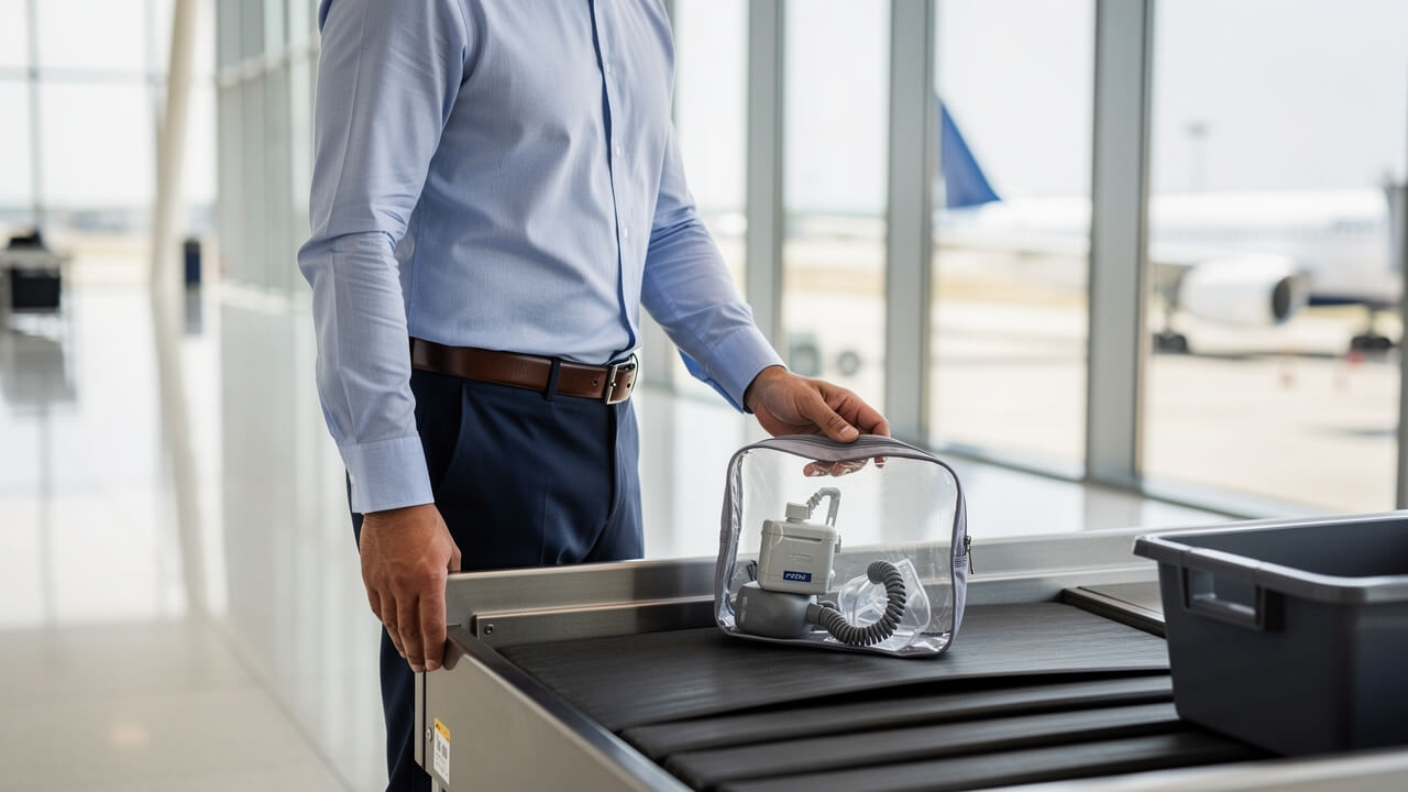 Business traveler placing CPAP device on airport security conveyor