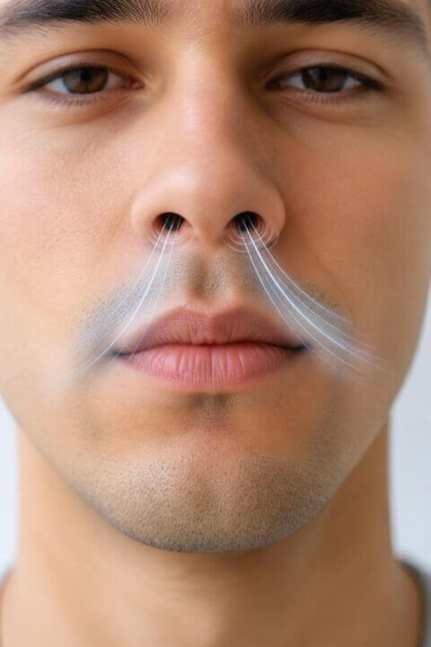 Close-up of a young adult's nose with subtle visual effects showing airflow coming from the nostrils.