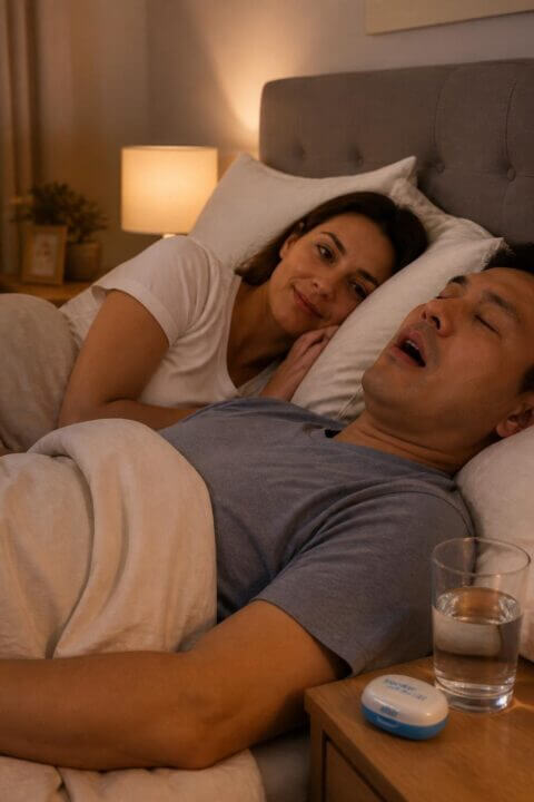 A couple lying in bed in a softly lit bedroom, with one partner appearing to have disturbed sleep while the other looks peaceful.