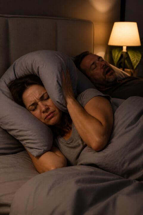A middle-aged woman lying in bed looking restless while her partner sleeps peacefully beside her.