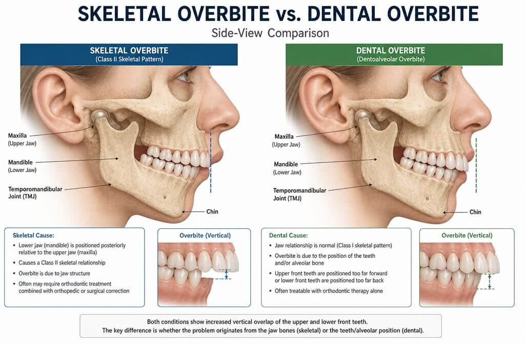 Detailed anatomical side-view diagram comparing skeletal overbite and dental overbite with labeled jaw structures (maxilla,