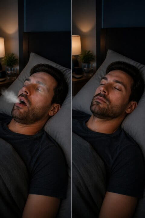 A man sleeping in bed at night shown in two halves: one with mouth open breathing and one with mouth closed breathing through the nose.