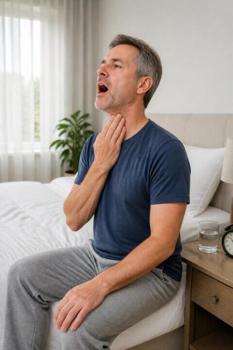 A middle-aged man sitting on the edge of a bed performing throat exercises in a bright bedroom.