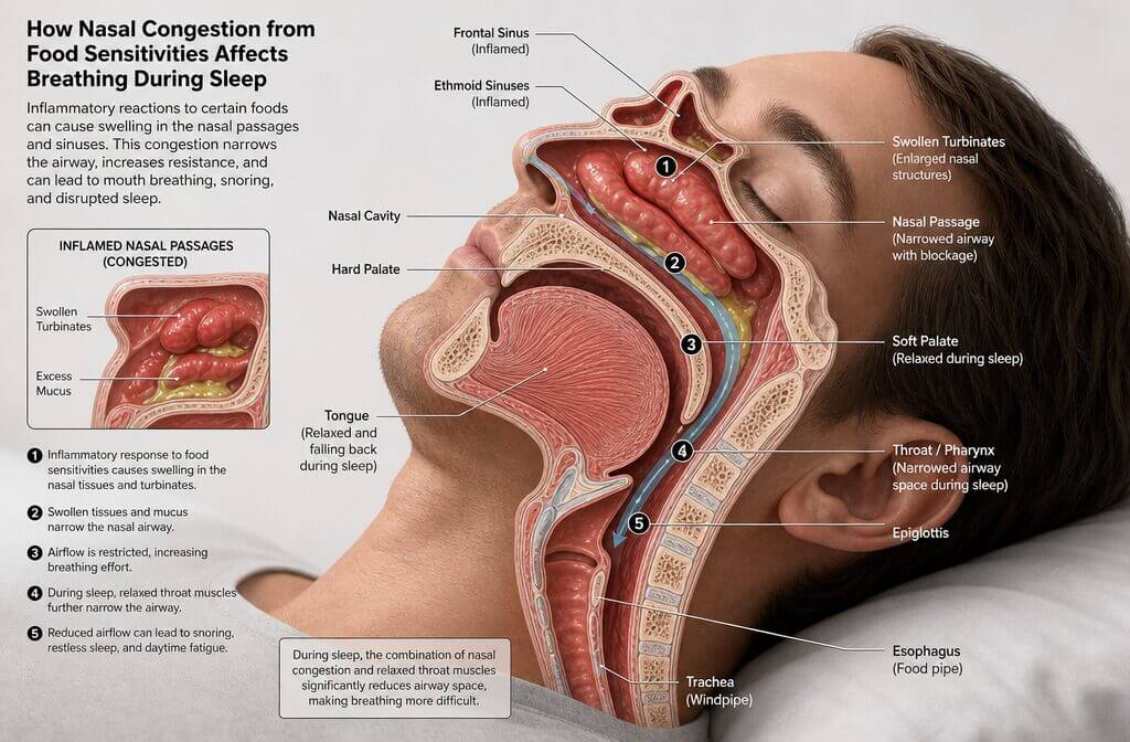 Anatomical diagram showing how nasal congestion from food sensitivity blocks airways during sleep, with clear labels of