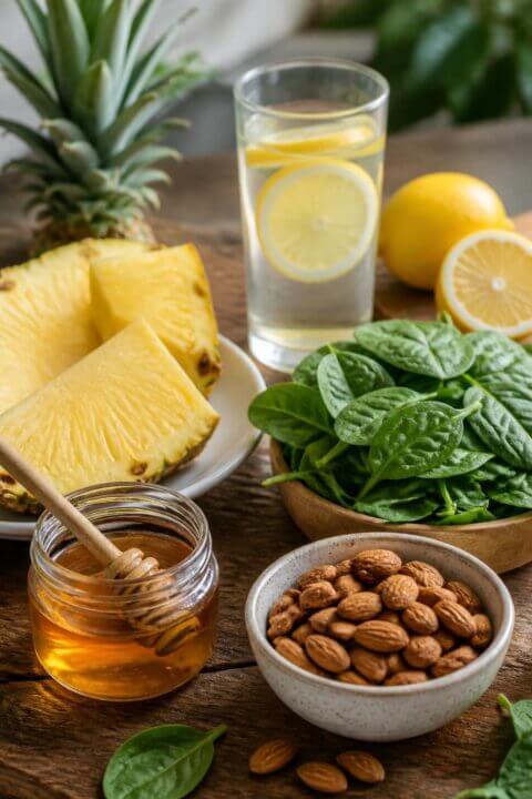 A table displaying honey, pineapple slices, almonds, spinach, and a glass of lemon water arranged together.