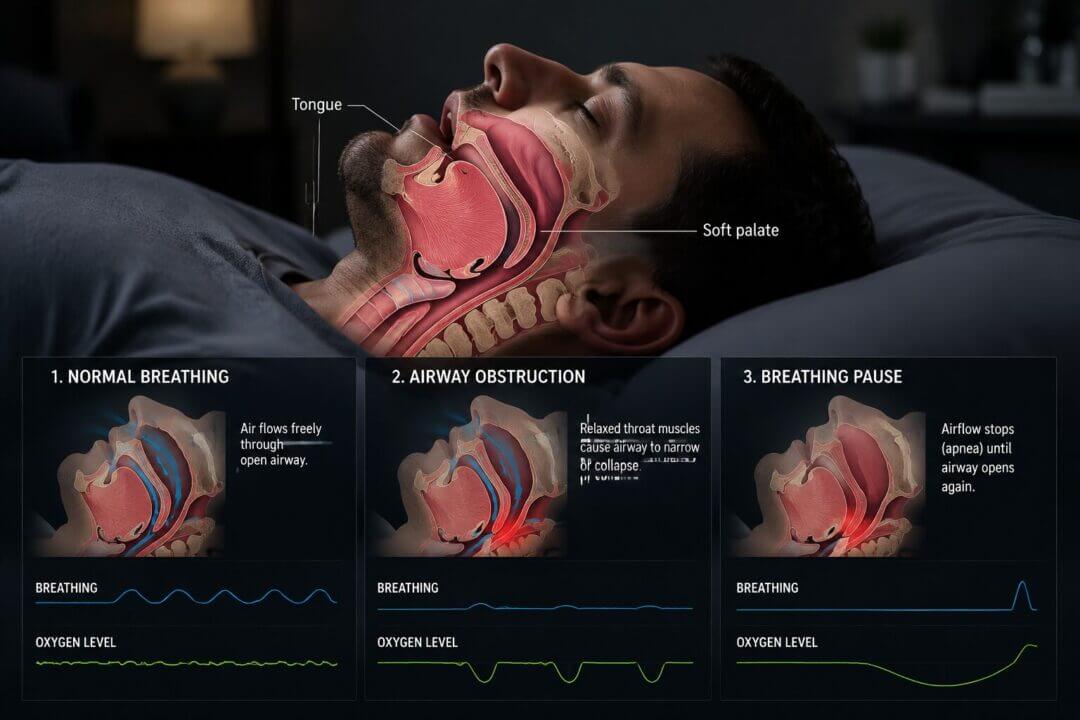 Medical diagram illustrating obstructive sleep apnea mechanics - airway blockage, breathing pauses, and oxygen flow