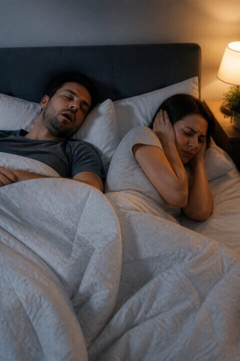 A couple in bed at night, one sleeping peacefully while the other looks uncomfortable and covers their ears.